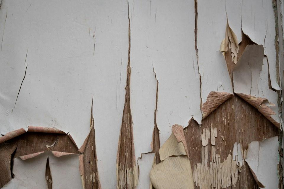 Weathered painted wood with paint lifting and peeling from the boards.
